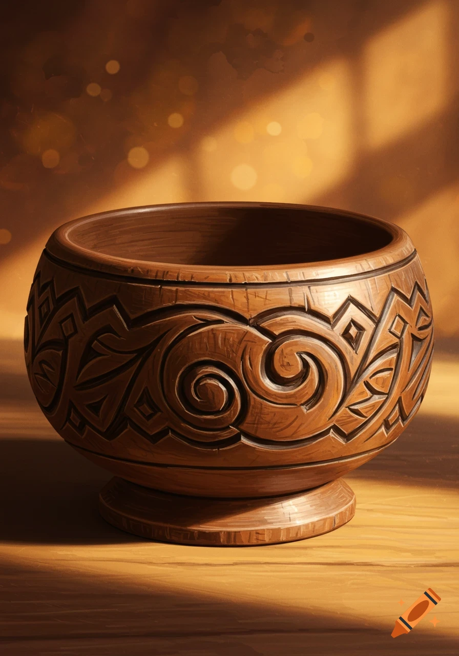 A carved wooden bowl sits on a wooden table under warm lighting.