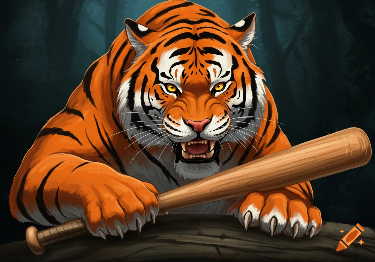 Cartoon illustration of an angry tiger holding a baseball bat.