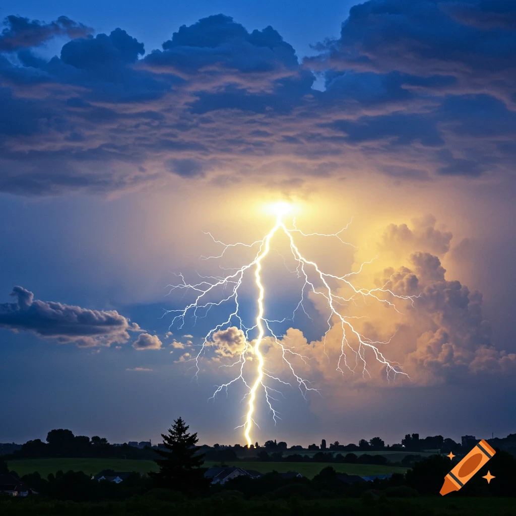 A bright lightning strike illuminates the stormy sky and rural landscape at dusk.