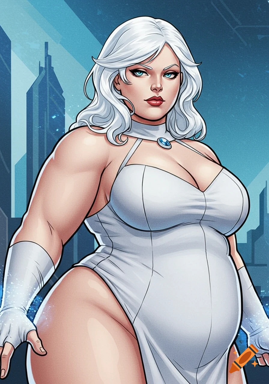 Comic book style illustration of a muscular woman with white hair in a white dress standing in front of a city skyline.