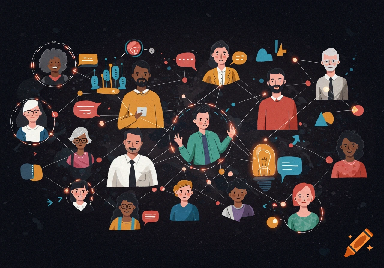 Illustration of diverse people connected in a network with ideas and communication symbols on a dark background.