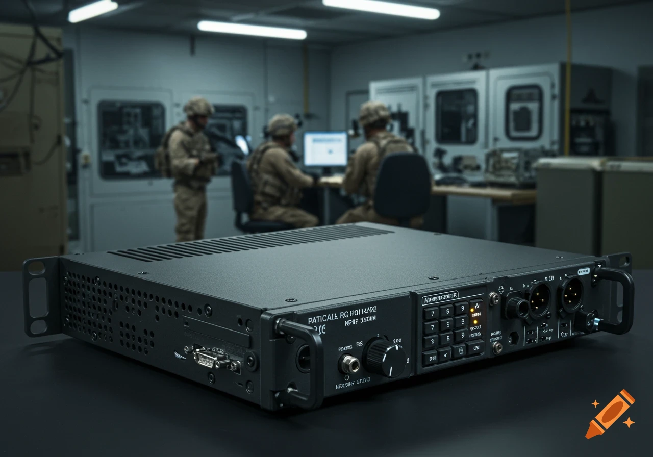 Military personnel work with tactical RF communication equipment in a lab.