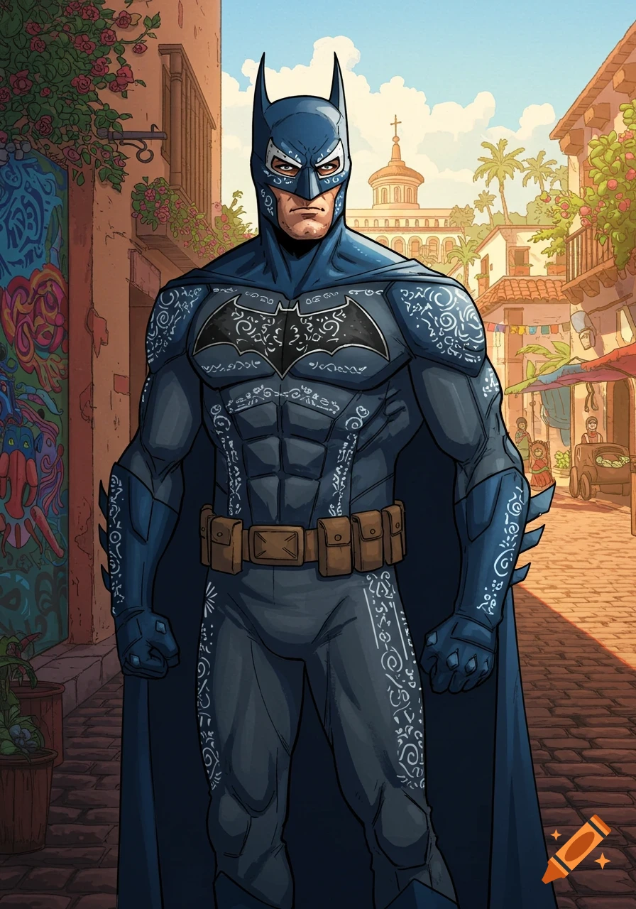 Cartoon drawing of Batman in a dark blue suit with white decorative patterns, standing in a sunny street in a town with colorful buildings.