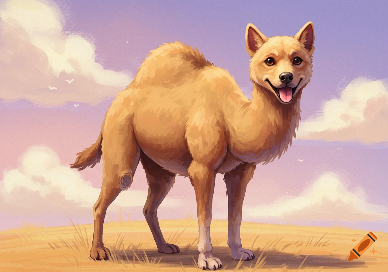 A friendly looking camel-dog hybrid stands in a grassy landscape under a cloudy sky, in an illustrated style.
