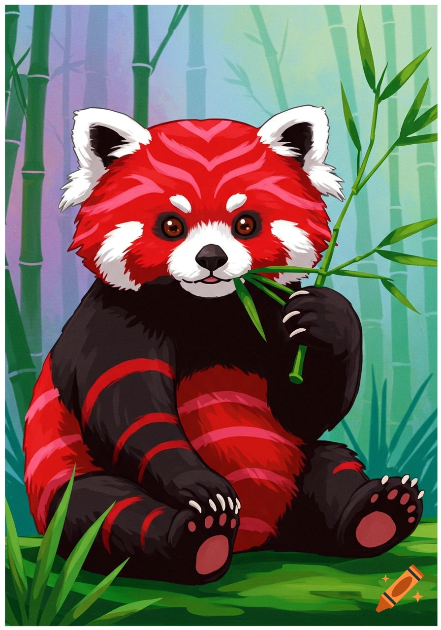 A stylized red panda sits and eats bamboo in a bamboo forest.