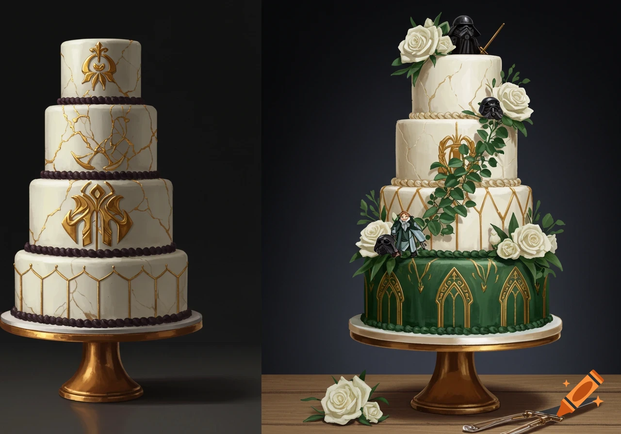 Two wedding cakes decorated with gold, ivory, green, and purple, featuring elements from Lord of the Rings and Star Wars.