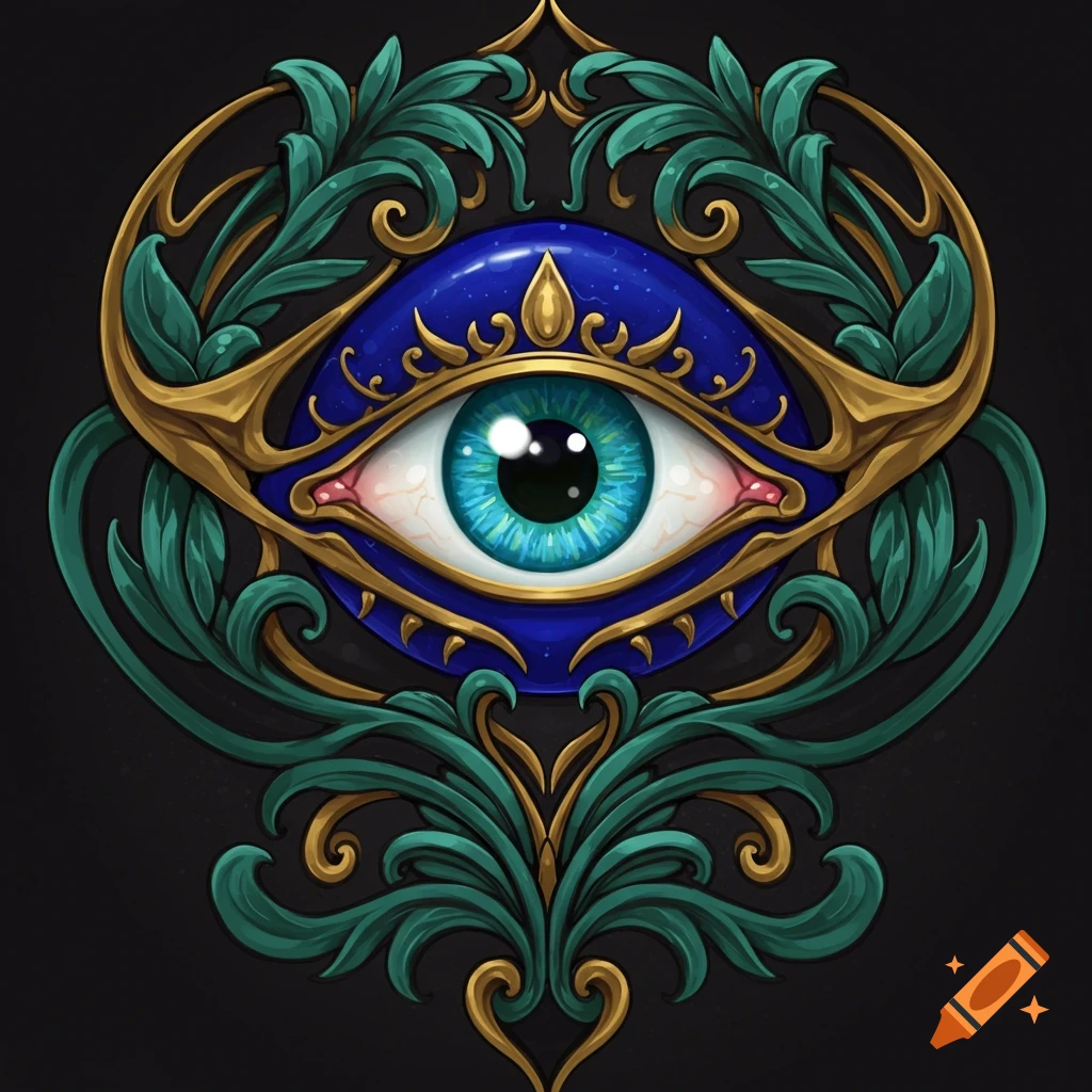 Art Nouveau style evil eye symbol with gold and green decoration