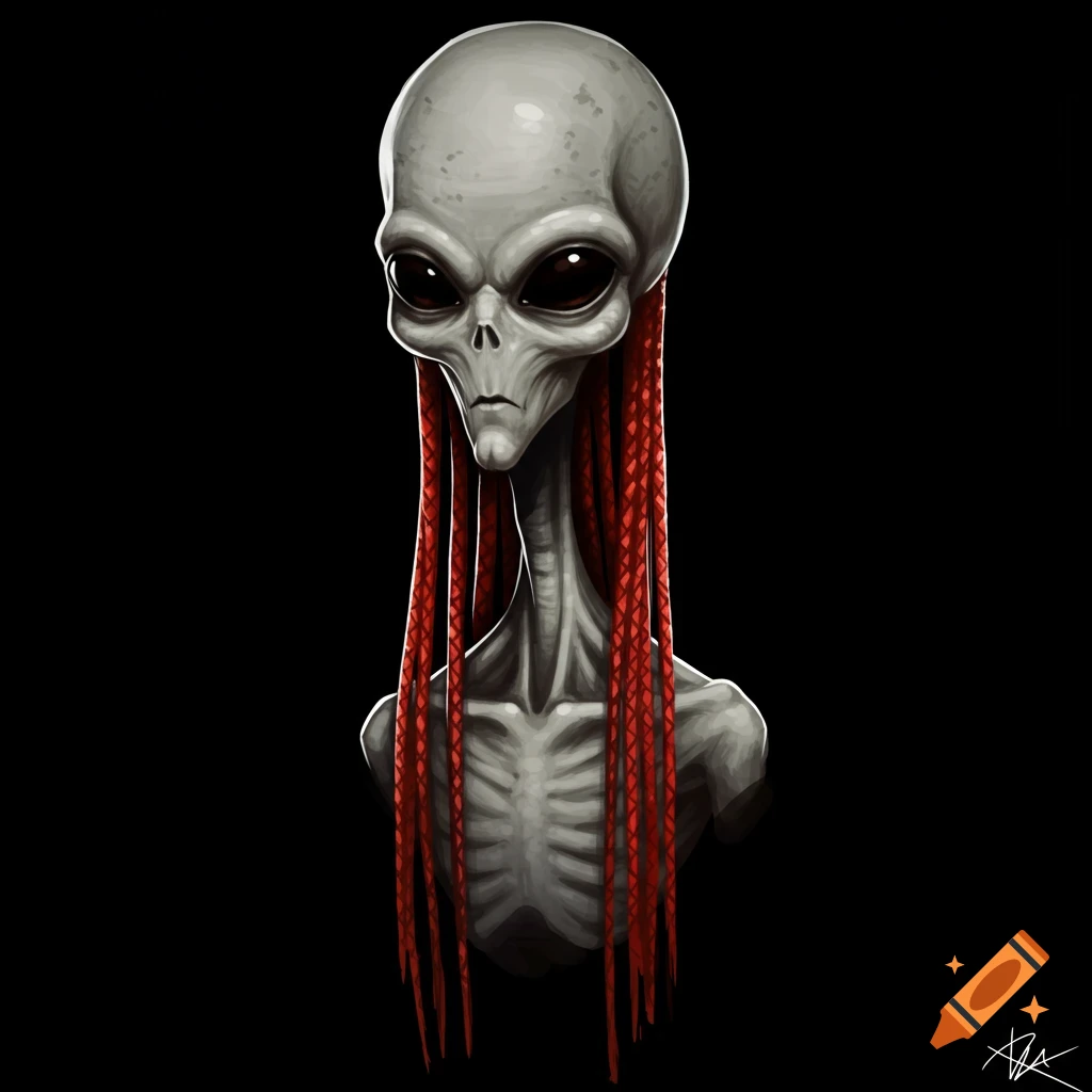 Grey alien bust with long red braids against a black background, illustrated.