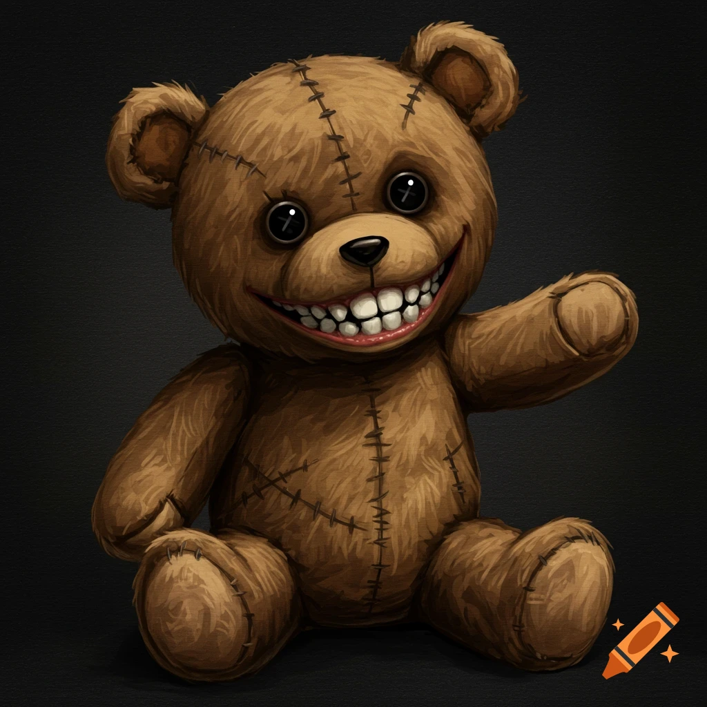 Digital painting of a creepy brown teddy bear with realistic human teeth, sitting and waving.