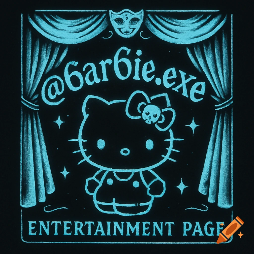 Blue glowing illustration of a Hello Kitty-like figure on a stage with curtains and text @6ar6ie.exe ENTERTAINMENT PAGE on black
