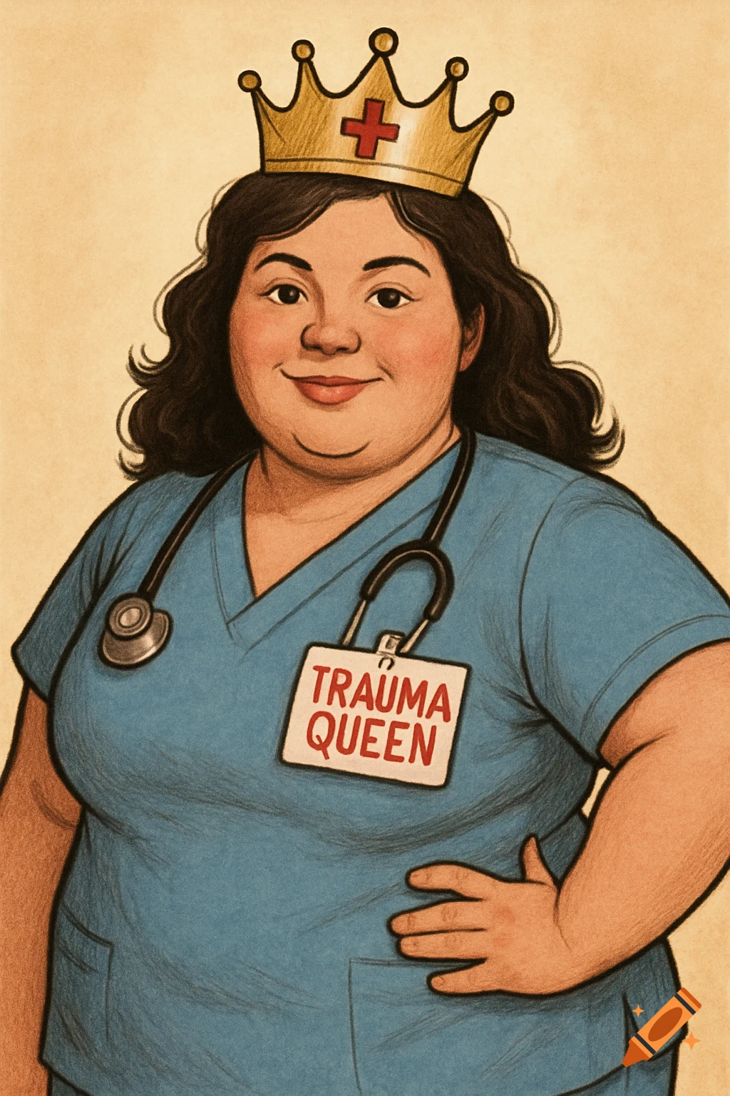 Cartoon portrait of a nurse wearing a crown and a 'Trauma Queen' badge.