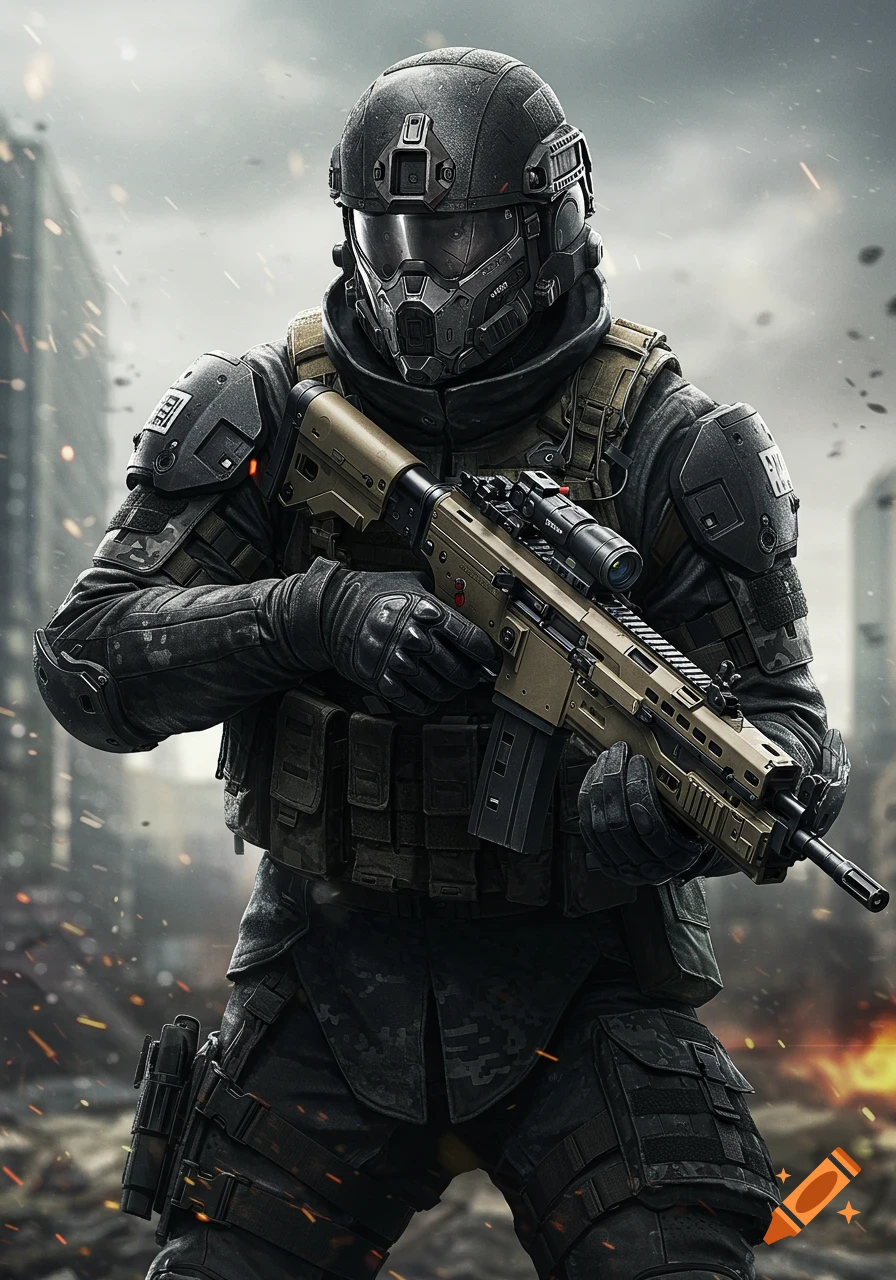 Photorealistic image of a soldier in futuristic armor holding a rifle in a ruined city.