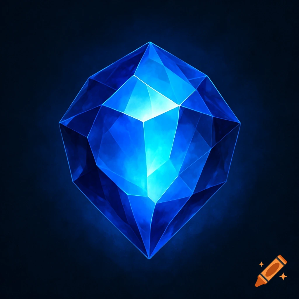 Blue faceted gemstone glowing against a dark background
