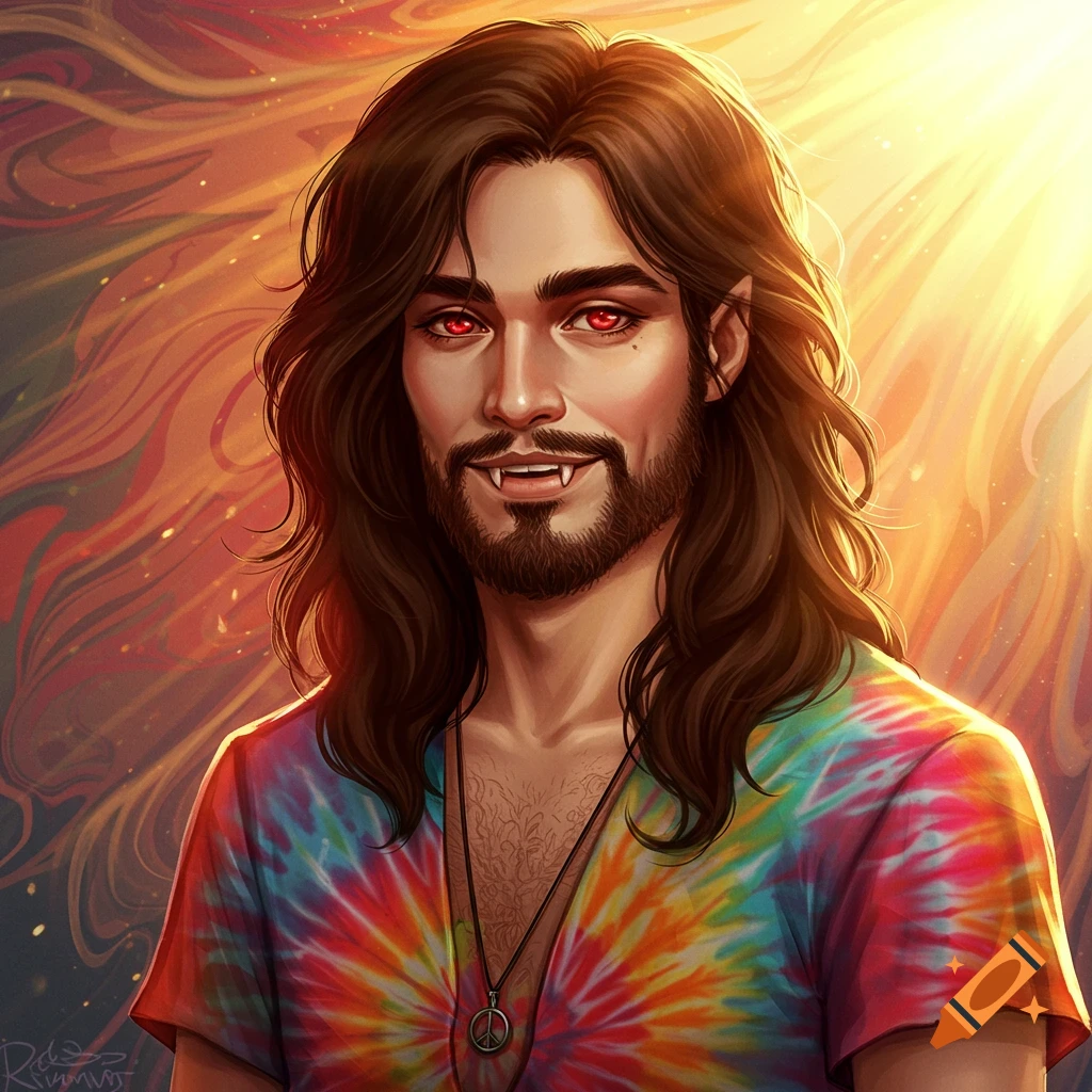 A man with long hair, beard, fangs, and red eyes wears a tie-dye shirt in a sunny, painterly portrait.