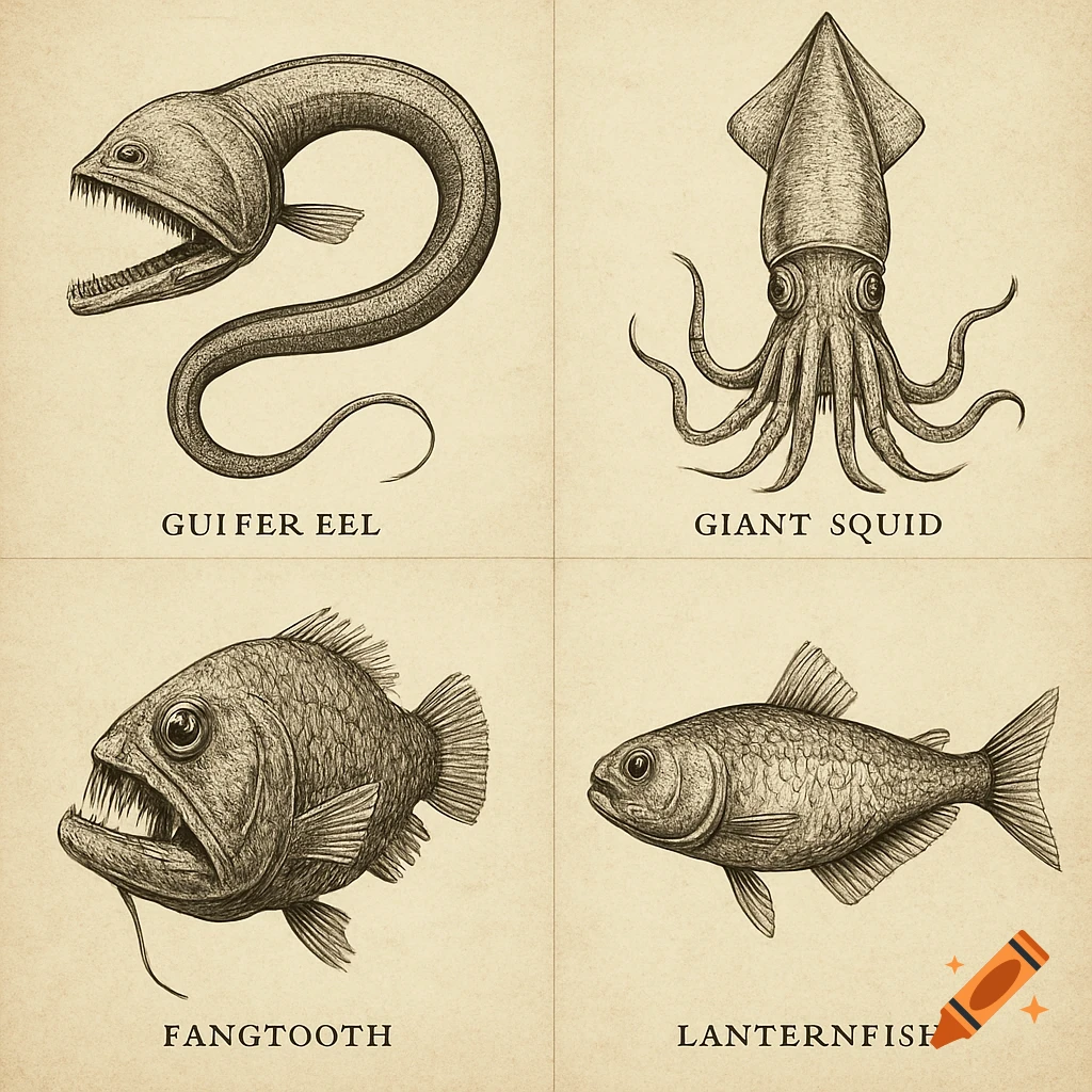 Vintage-style scientific illustrations of four deep sea creatures: an eel, a giant squid, a fangtooth, and a lanternfish, each labeled.