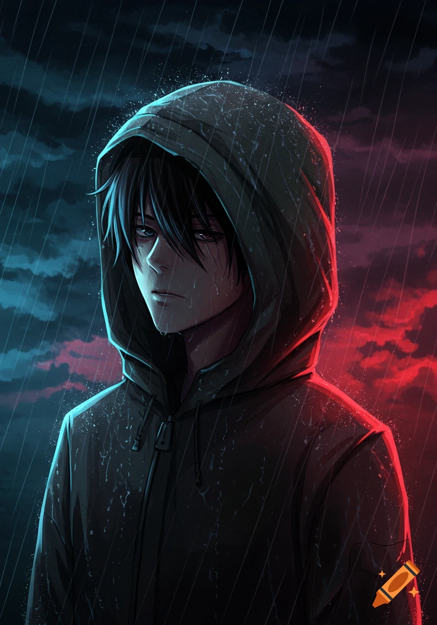 A young person wearing a dark hood stands in the rain at night, lit by blue and red lights, in an anime style.
