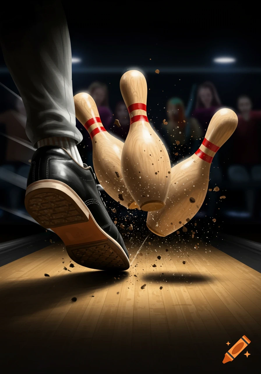 A bowling shoe striking three pins on a lane, kicking up dust.