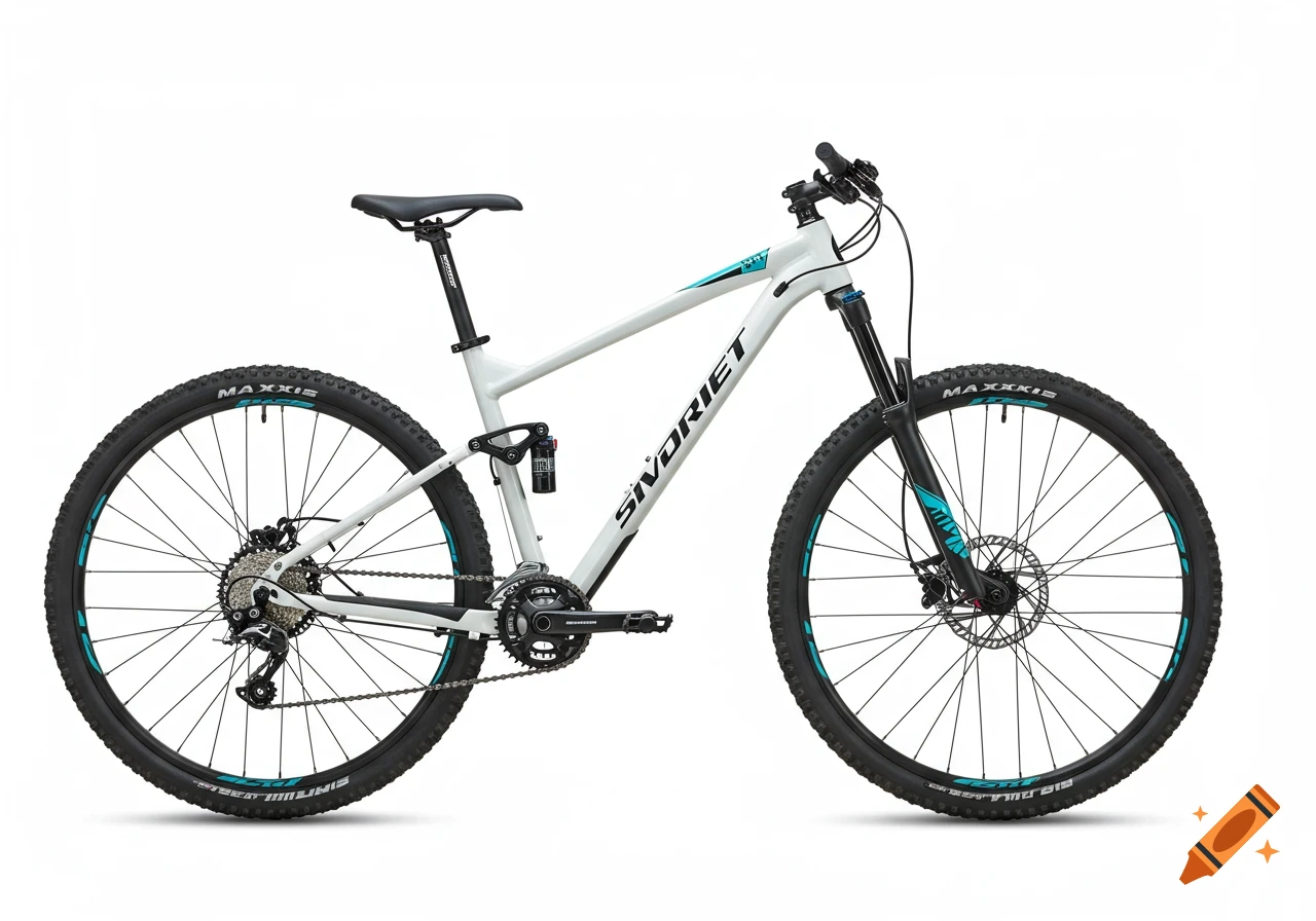 A white and black mountain bike with blue accents on a white background.