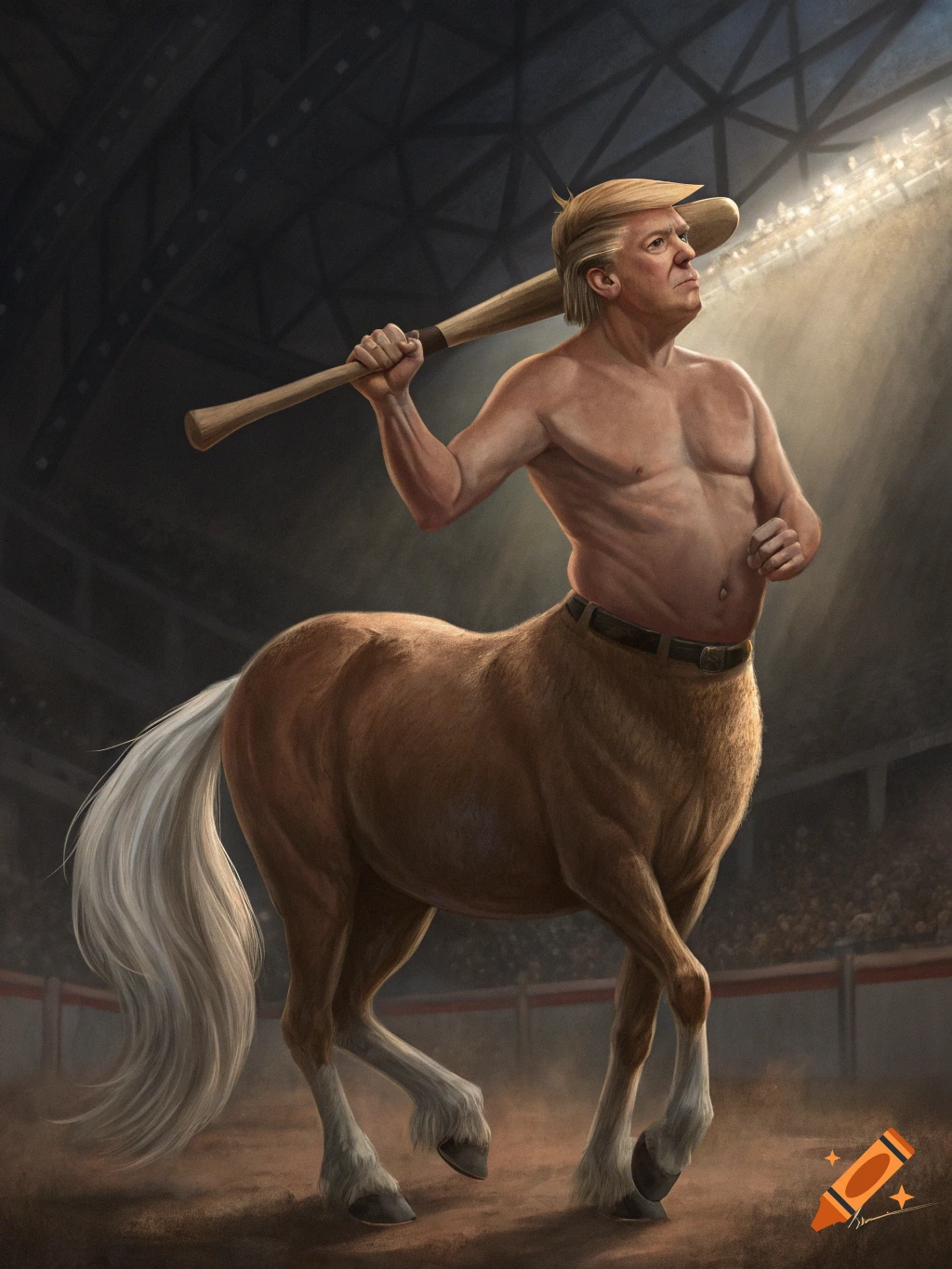 Donald Trump as a centaur, shirtless, holding a baseball bat over his shoulder in an arena.