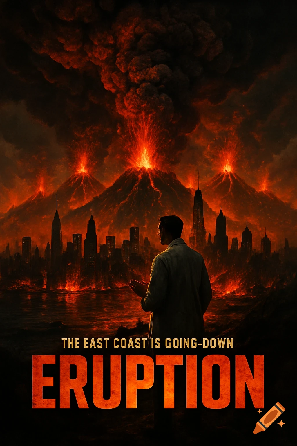 A man watches multiple volcanoes erupt behind a city skyline engulfed in fire and ash. Text reads THE EAST COAST IS GOING-DOWN and ERUPTION.