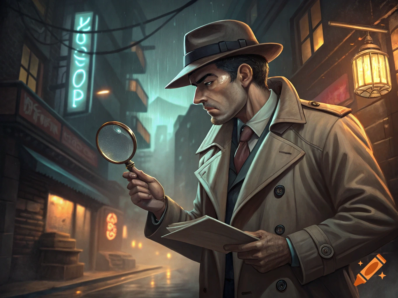 Detective in a trench coat looks at documents with a magnifying glass on a rainy city street.