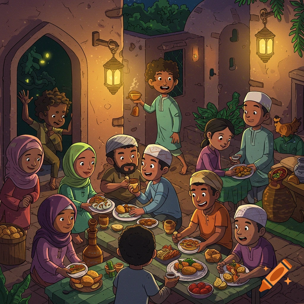 A diverse group of adults and children gather around a table to eat outdoors at night in a warm, cartoon illustration style.