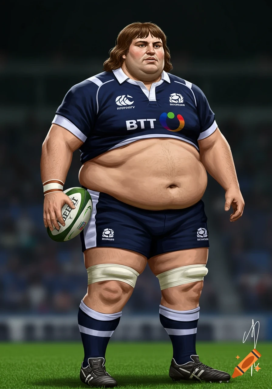 Illustrative portrait of a very large man in a Scotland rugby uniform holding a rugby ball on a field.