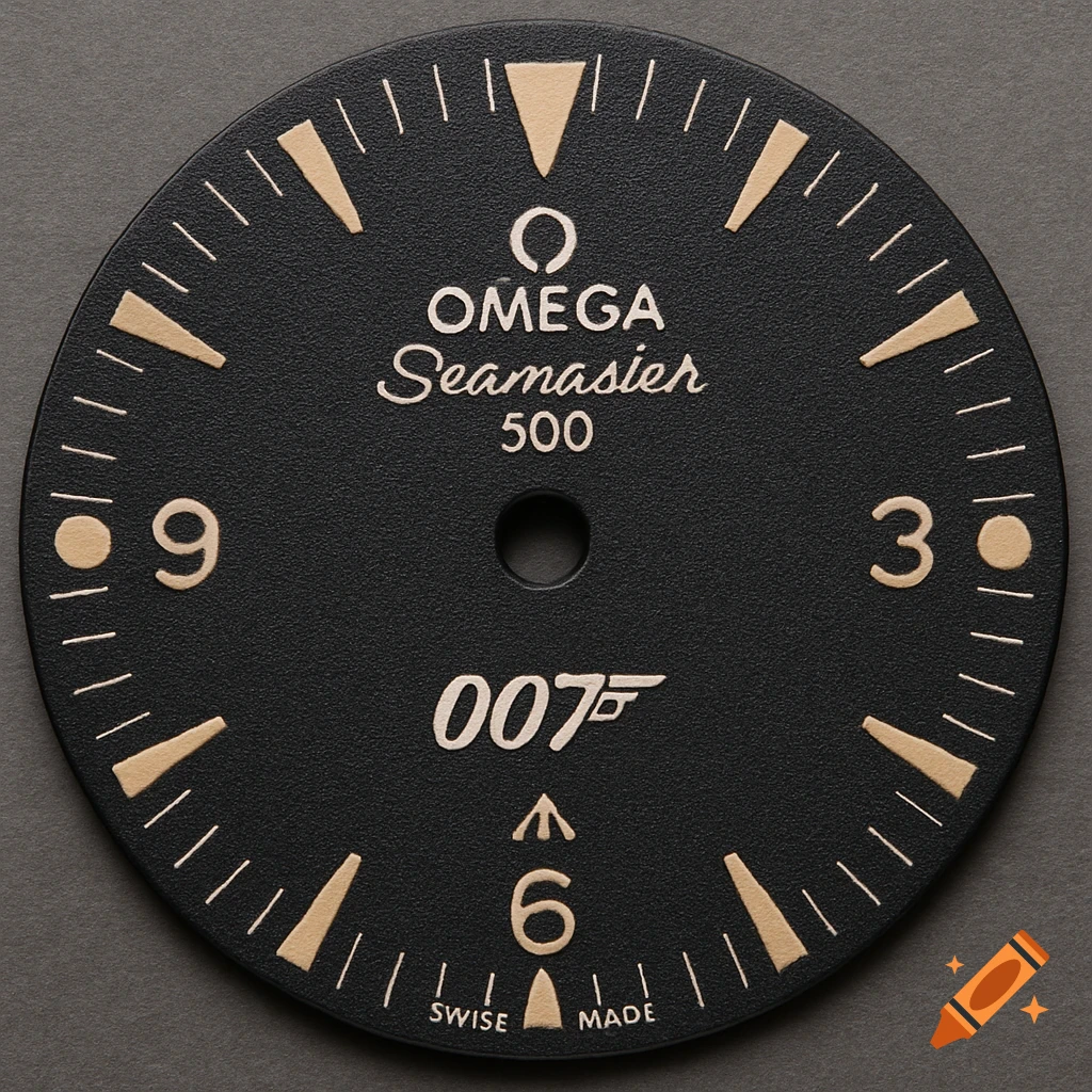 Close-up of a black Omega Seamaster 007 watch dial with gold markings