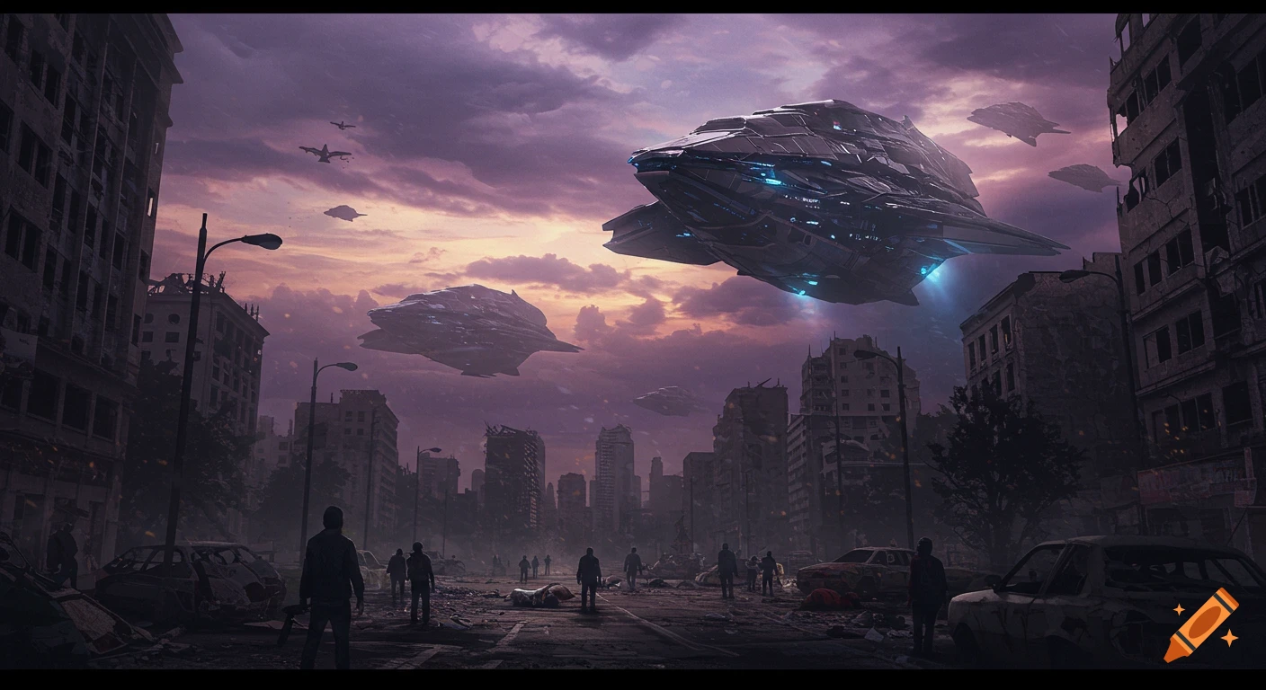 Spaceships hover over a ruined city street with figures walking through debris, digital art