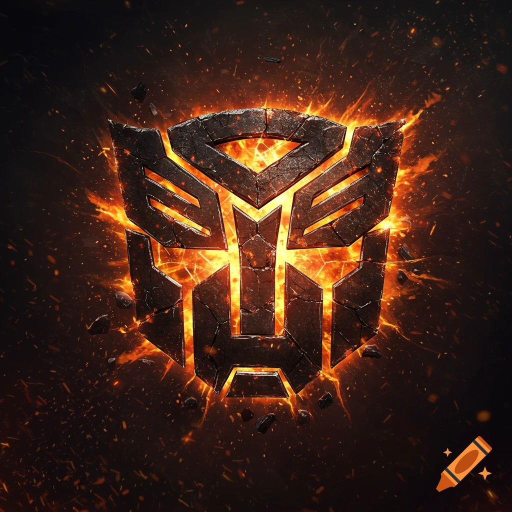 Autobot symbol cracked and surrounded by fire and debris on a dark background.