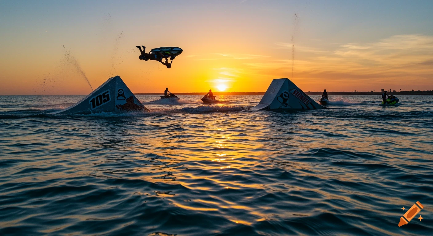 Jet skier does a flip off a ramp during a race at sunset, with other jet skiers and ramps in the water.