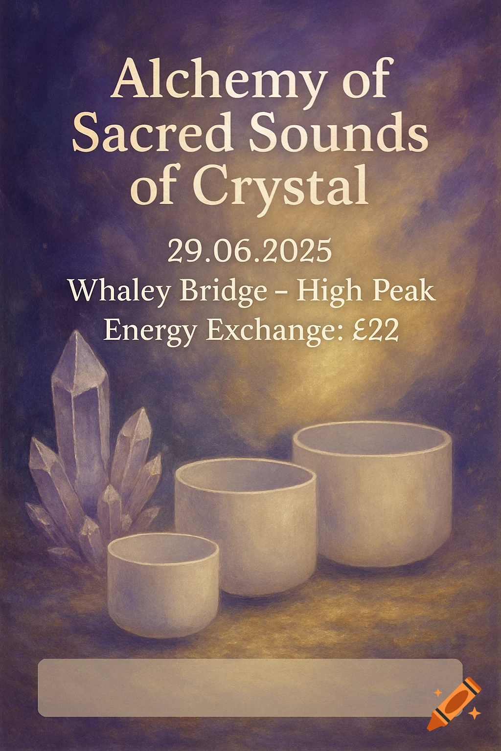Crystals and singing bowls on a purple and gold background with text promoting a spiritual event.