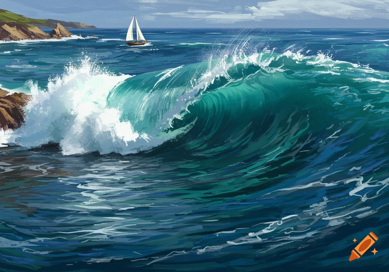 Impressionistic painting of a large green wave crashing near a rocky coast with a sailboat in the distance.