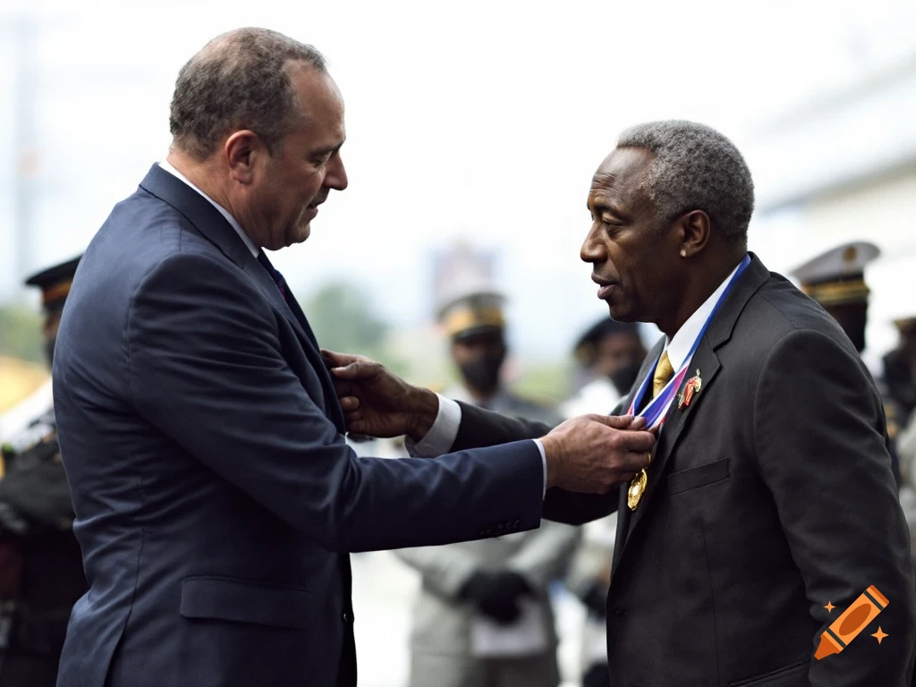 Man in suit presents medal to another man during a ceremony.