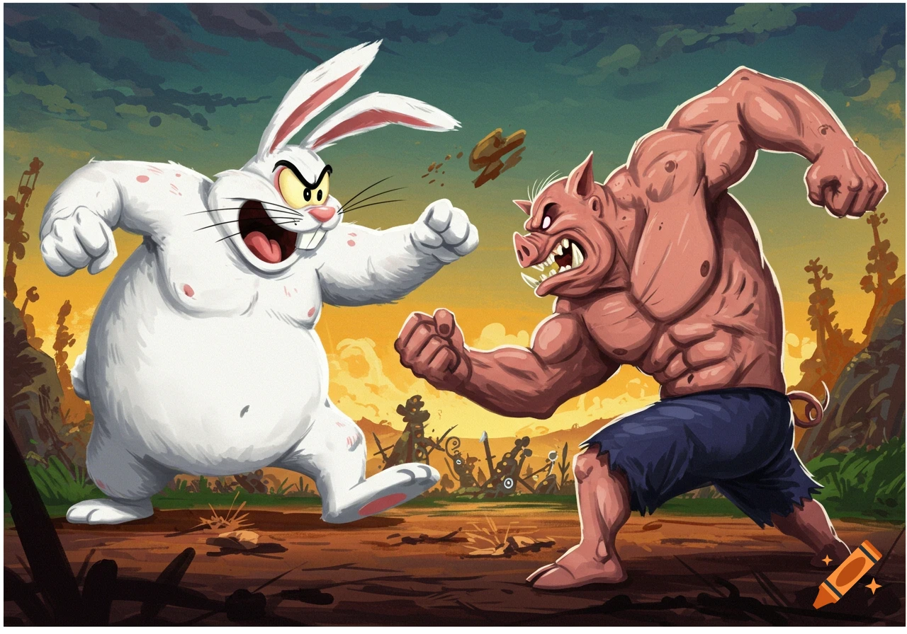 Cartoon illustration of a large white rabbit fighting a muscular pink pig.