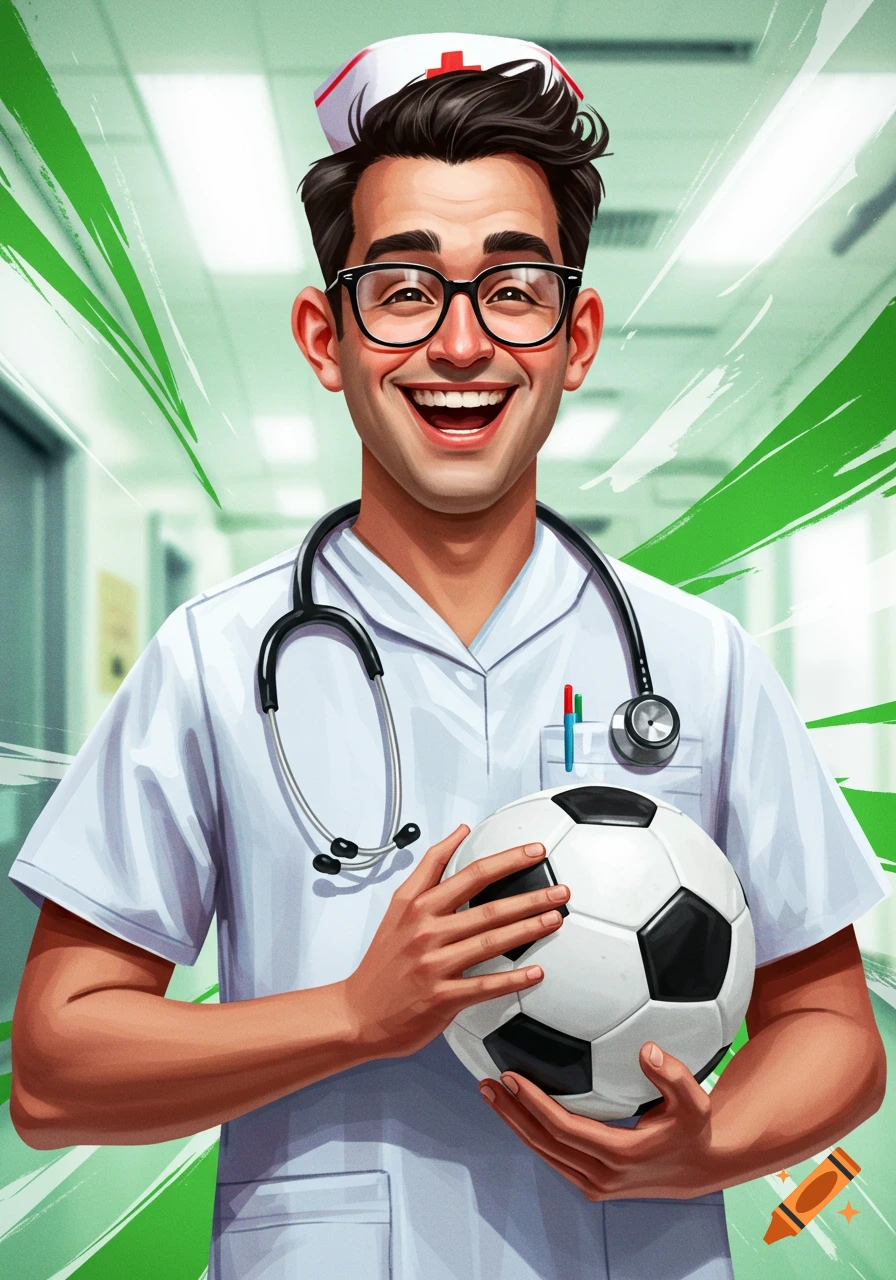 Stylized illustration of a smiling male nurse wearing glasses and holding a soccer ball.