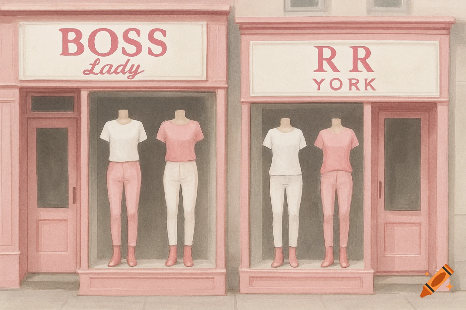 Illustration of a pink storefront with mannequins wearing pink and white outfits. Signs read BOSS Lady and RR YORK.
