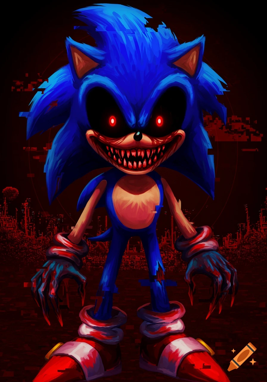 A creepy, monstrous version of Sonic with glowing red eyes and razor-sharp teeth stands in a glitchy red landscape.