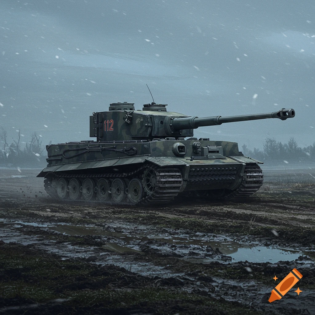 A realistic rendering of a Tiger II tank with "112" on the turret, in a muddy field with snow falling.