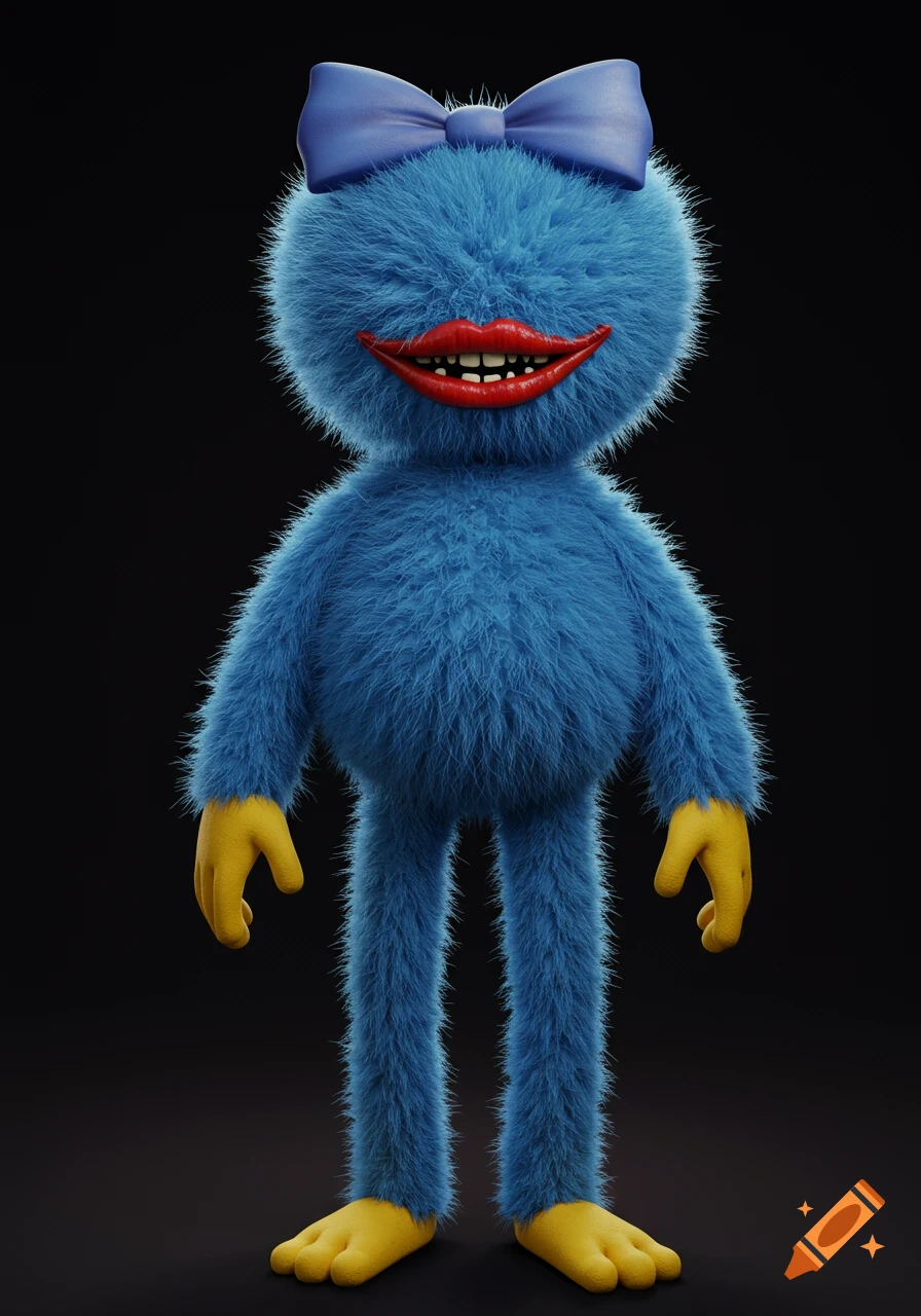 Blue furry creature with red lips, blue bow, yellow hands and feet.