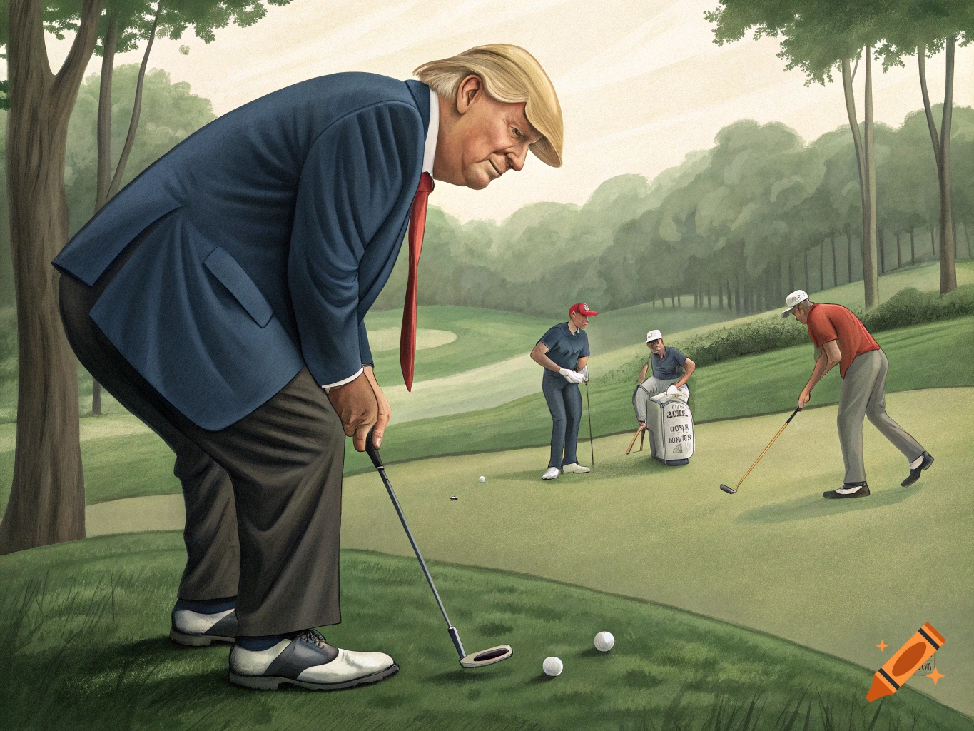 Stylized illustration of Donald Trump putting on a golf course with ...