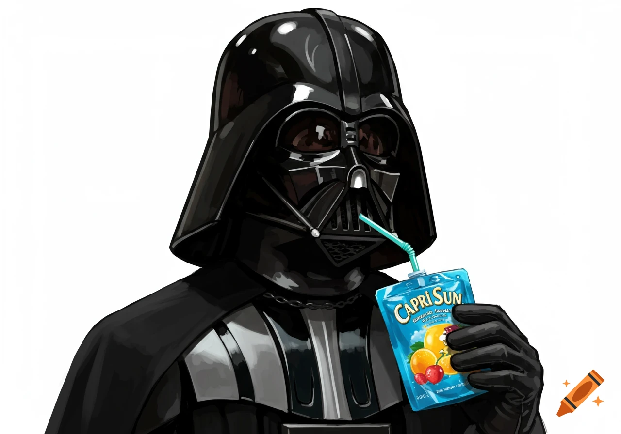 Darth Vader drinking a Capri Sun with a straw.