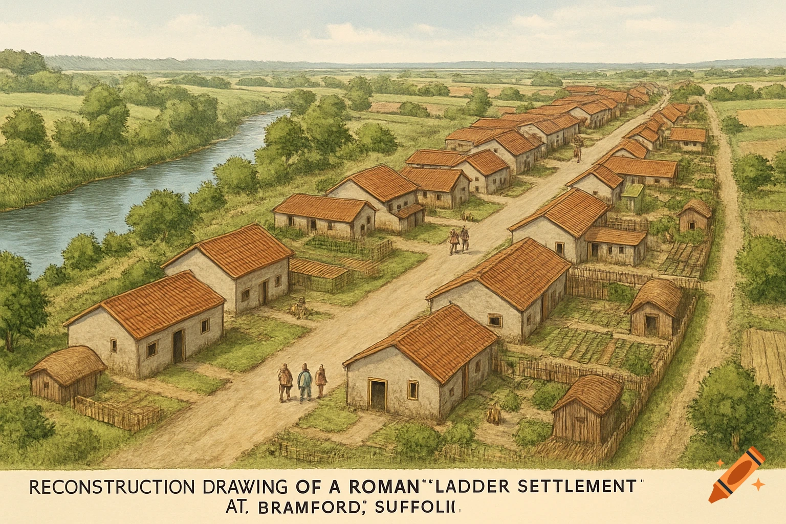 Reconstruction drawing of a Roman ladder settlement beside a river in a landscape.