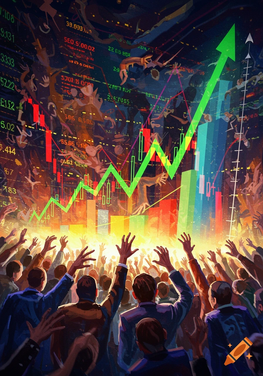 Illustrative image of a large green stock market graph rising over a cheering crowd.
