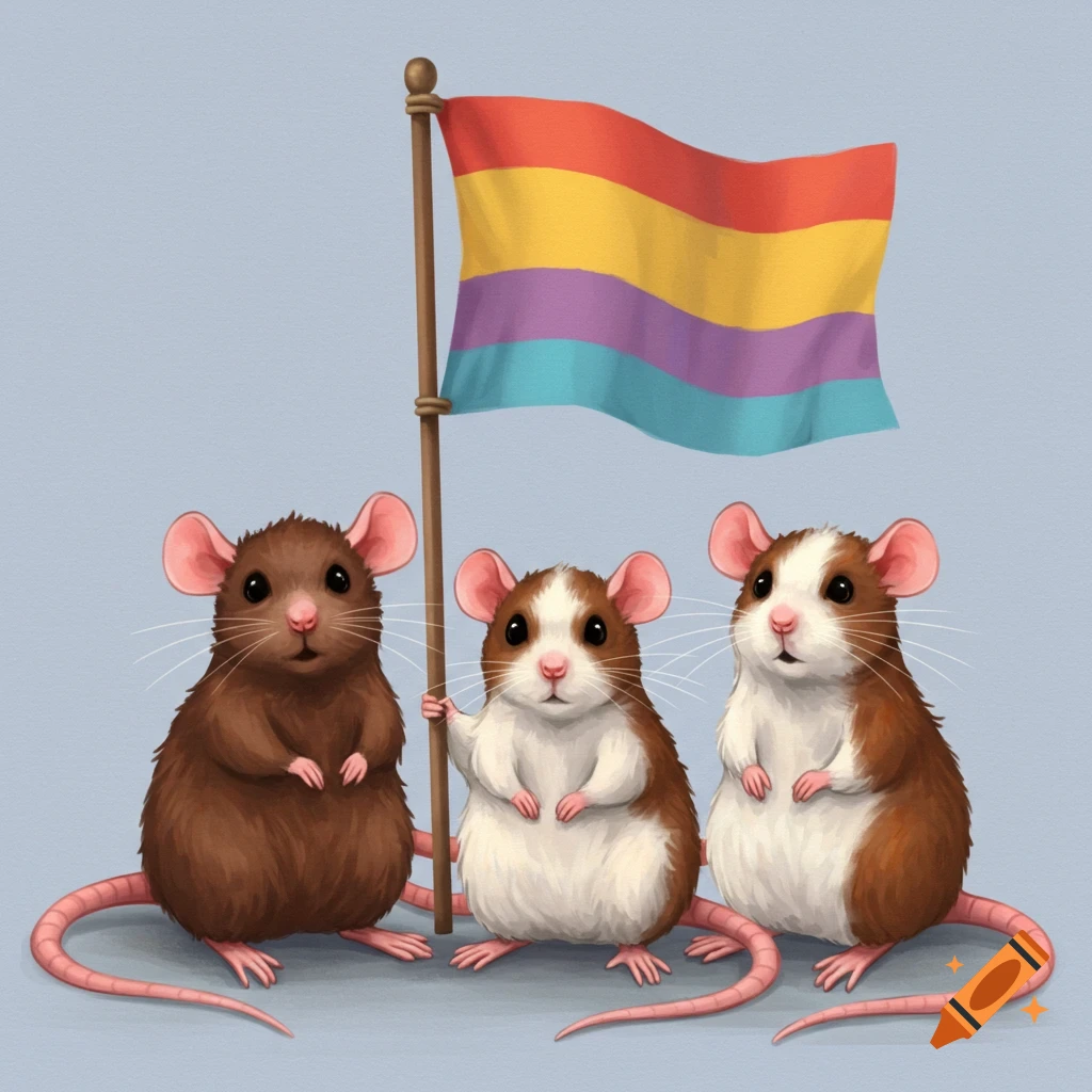 Three cute rats, one holding a striped flag, digital illustration. on ...