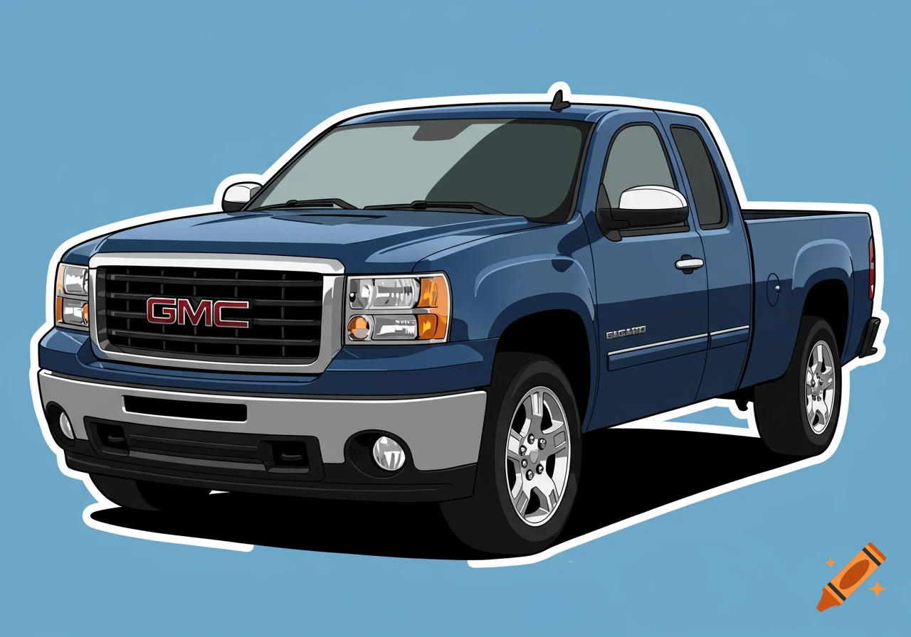 Cartoon illustration of a blue GMC Sierra pickup truck with bold lines on a light blue background.