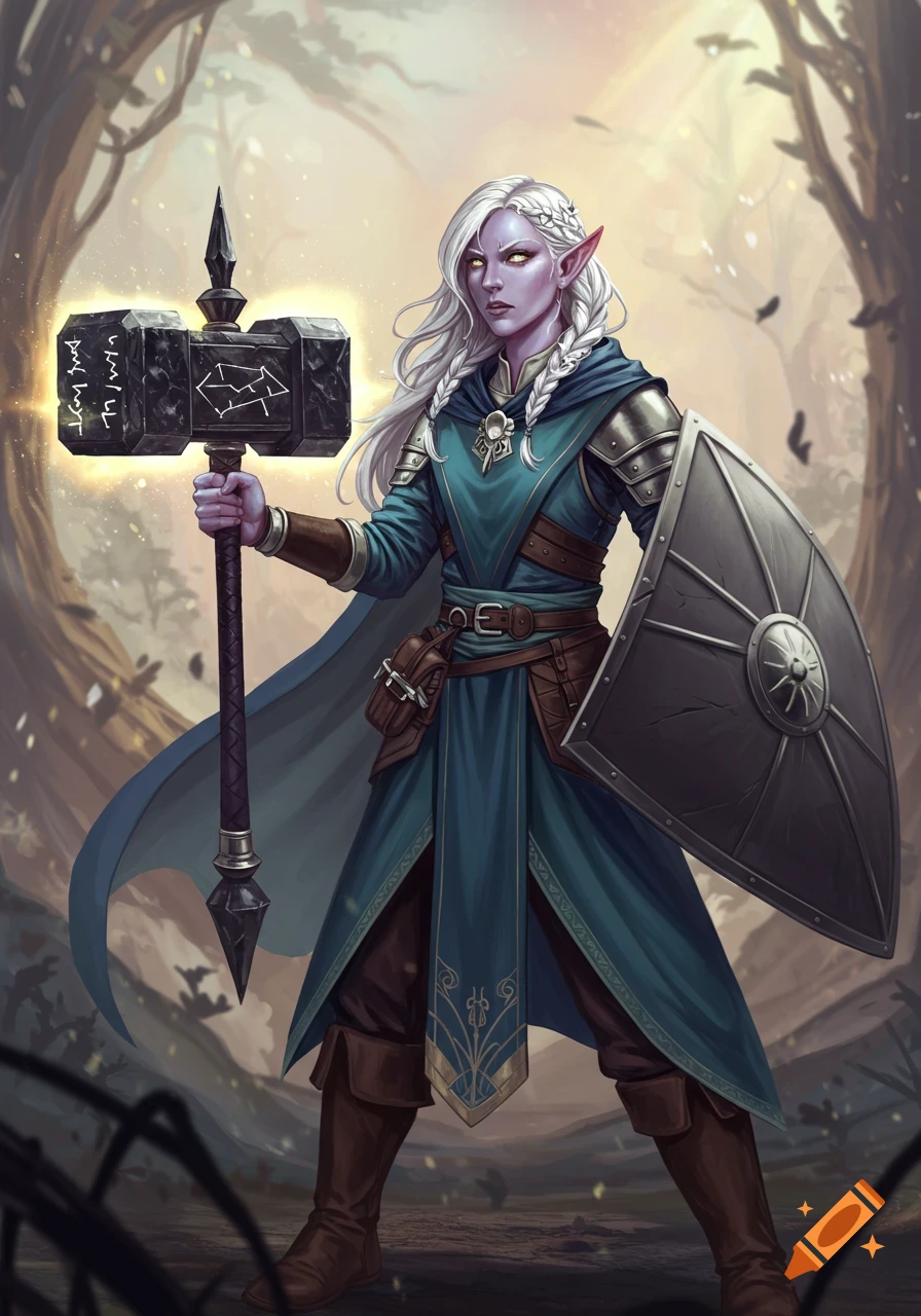 Female aasimar cleric in armor holding a glowing warhammer and shield in a forest.