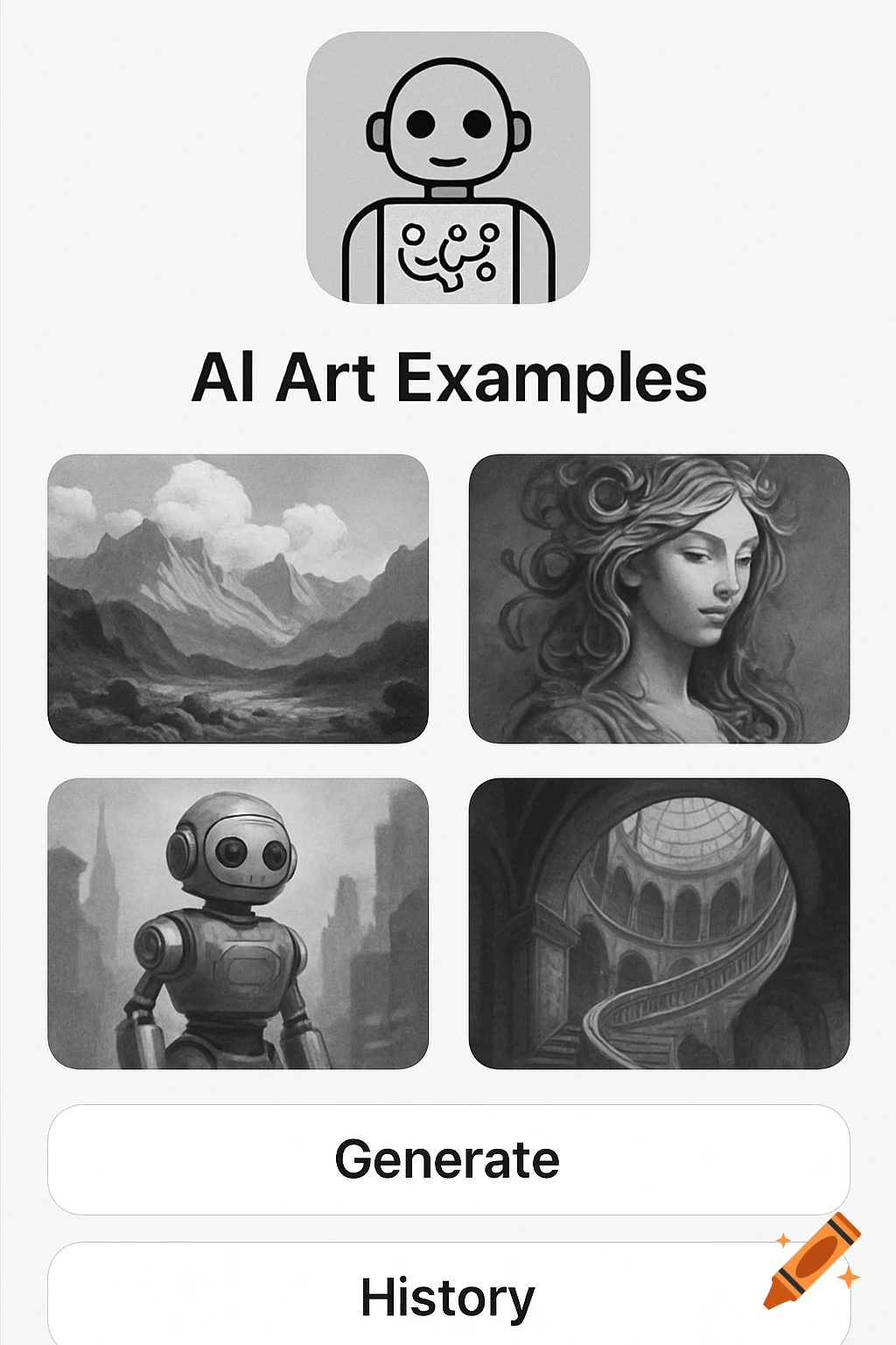 Mobile app screen with AI Art Examples title, four art thumbnails, and Generate/History buttons.