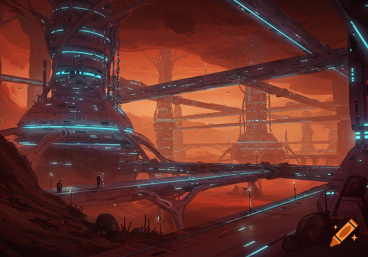 Futuristic underground city on Mars with large structures and walkways under an orange sky.