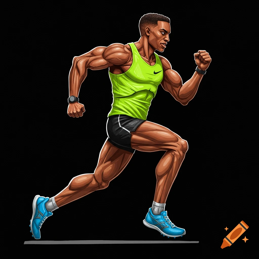 Stylized illustration of a male runner in a neon green tank top and black shorts.